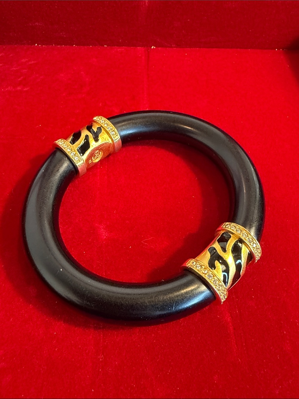 Vintage Elizabeth Taylor Black and Gold Bangle Bracelet -Animal Print Accents